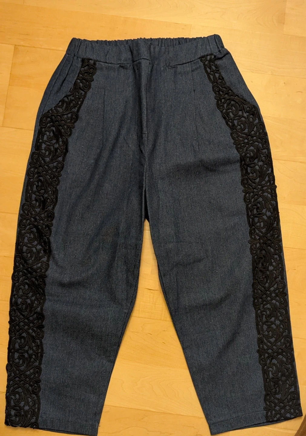 Dark Denim Barrel Trousers with Black Lace Embellishment