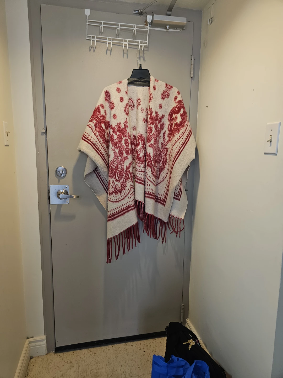 Red and White Patterned Fringed Poncho
