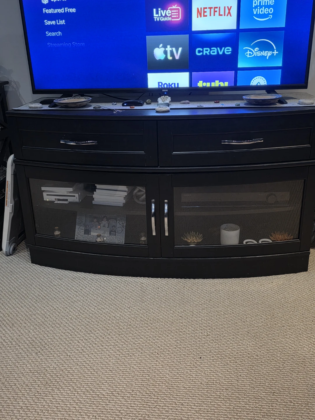 Black Curved Media Console with Glass Doors