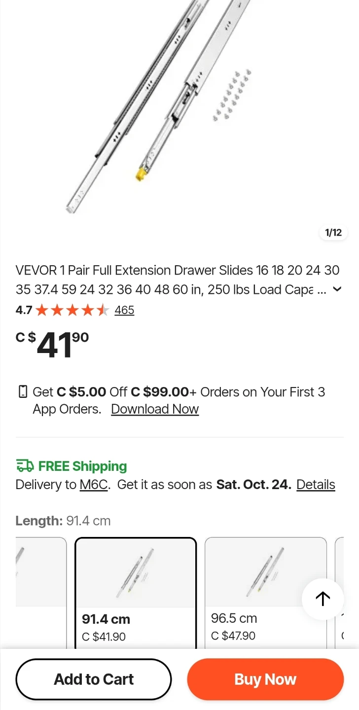 VEVOR Full Extension Drawer Slides 91.4 cm