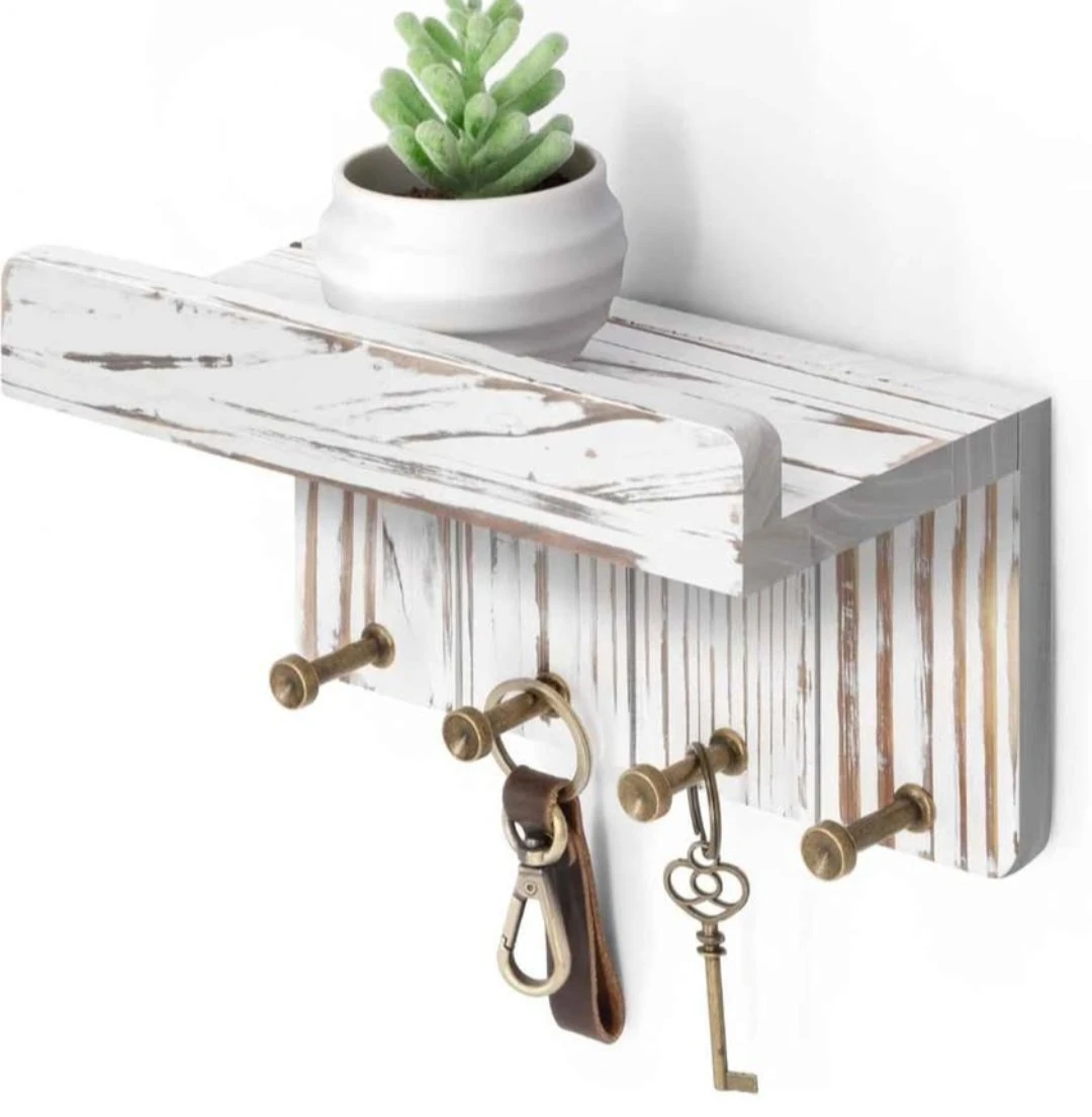 Rustic Wood Wall Mounted Key Holder with Shelf