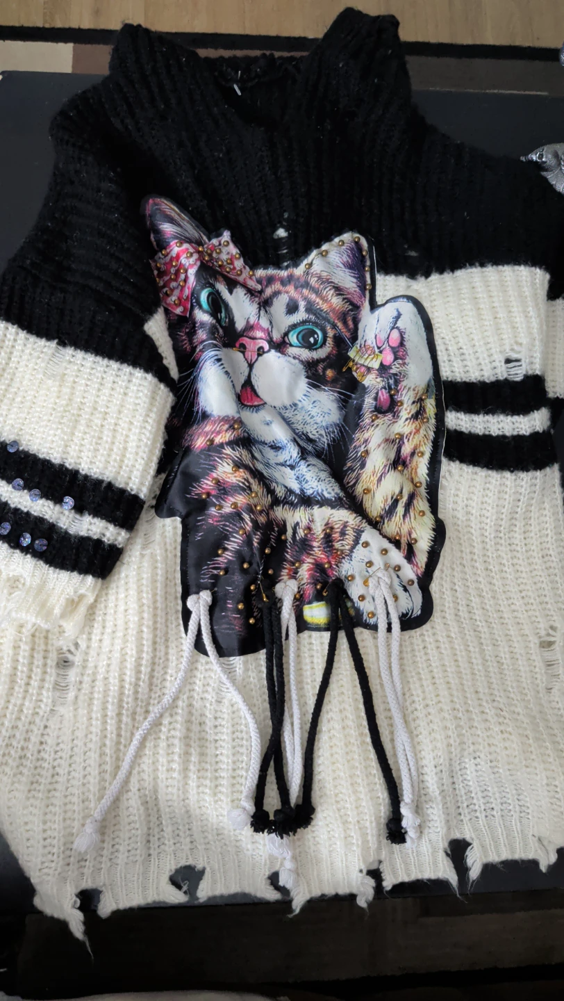 Black and white cat graphic distressed knit sweater