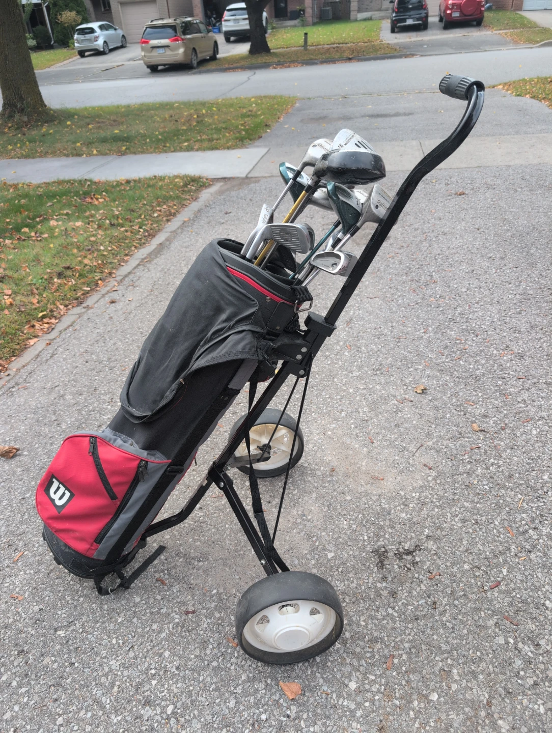 Wilson Golf Bag, Assorted Golf Clubs and Pull Cart