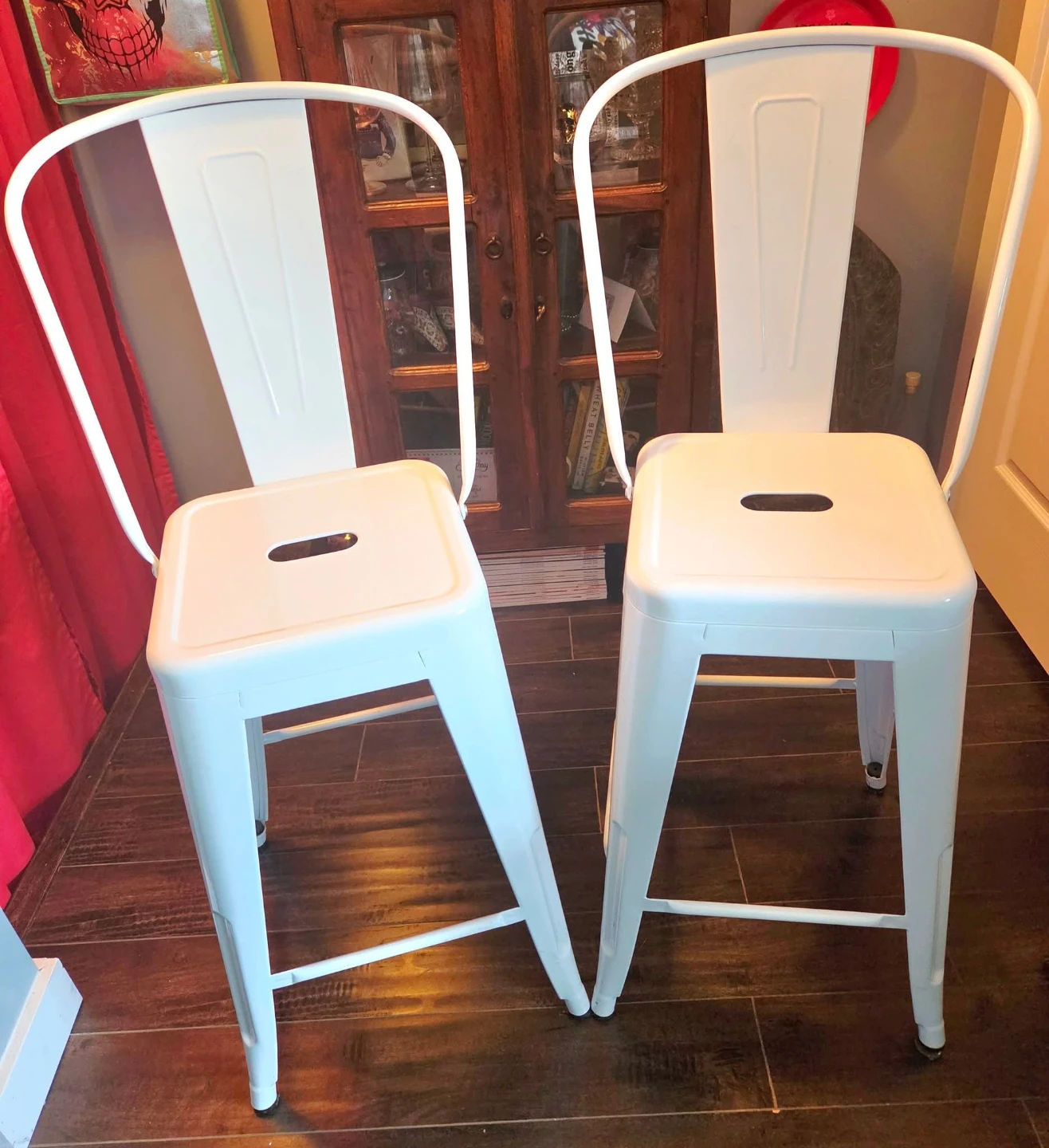 Two White Metal Bar Stools