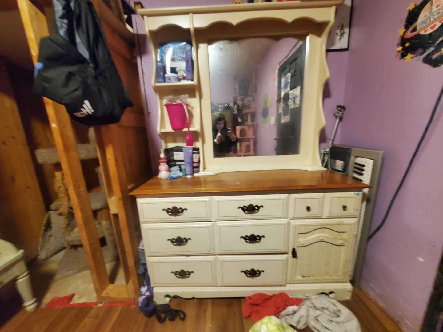 Vintage Cream Dresser with Attached Mirror