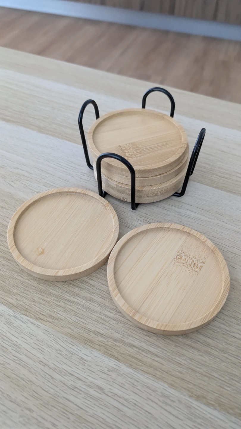Set of 6 Round Bamboo Coasters with Metal Stand - photo 2