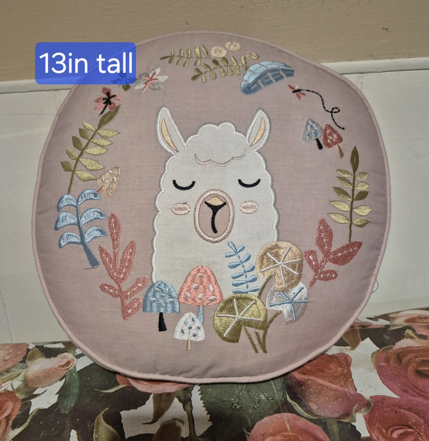 Round Llama Embroidered Throw Pillow