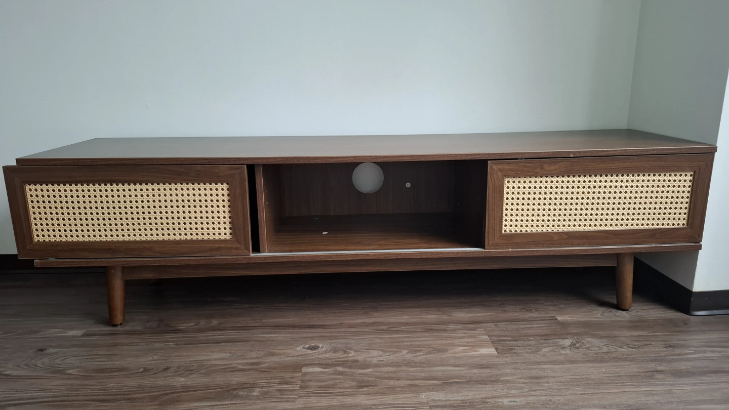 Mid-Century Modern Wood TV Stand with Rattan Doors
