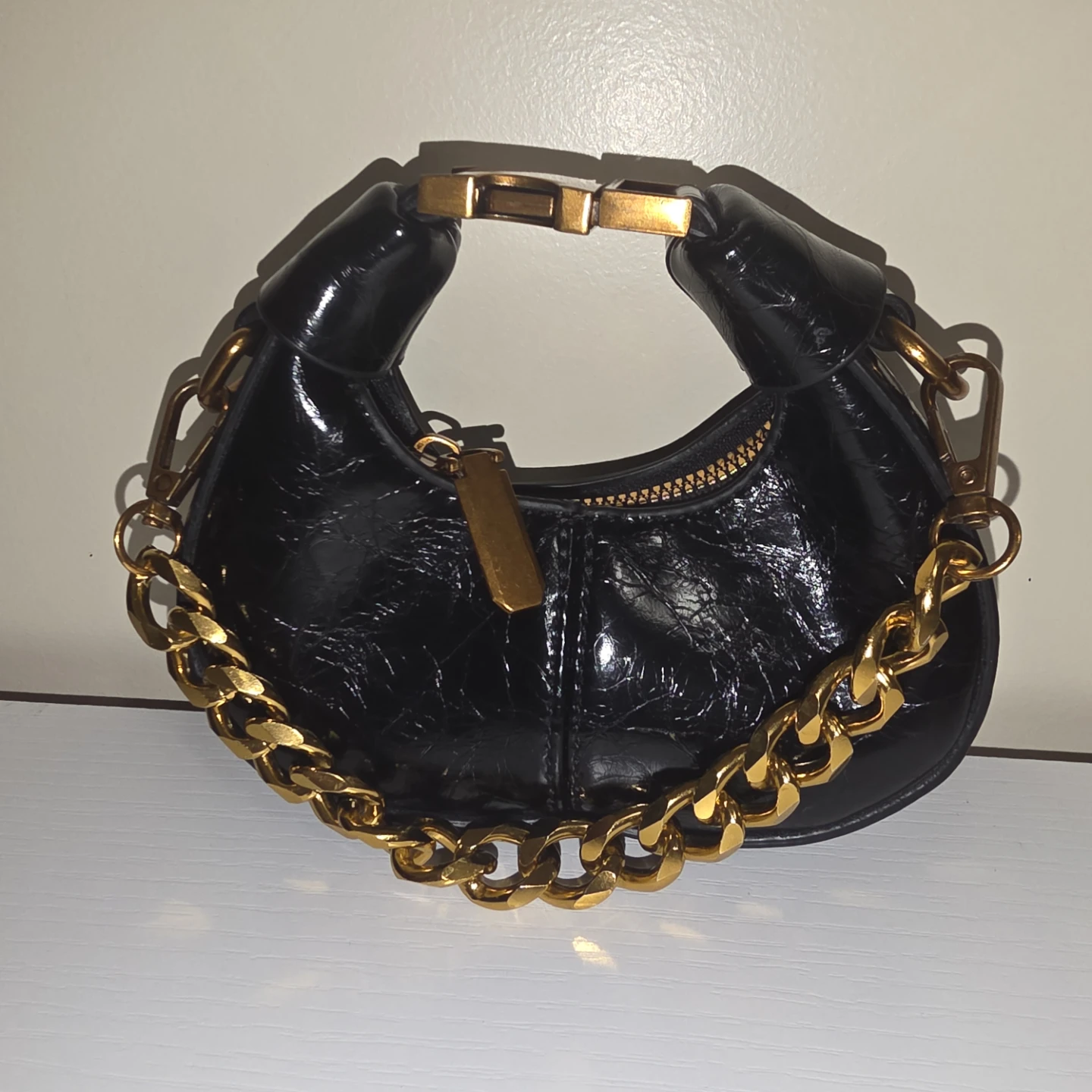 Black Croc-Embossed Mini Handbag with Gold Chain - photo 2