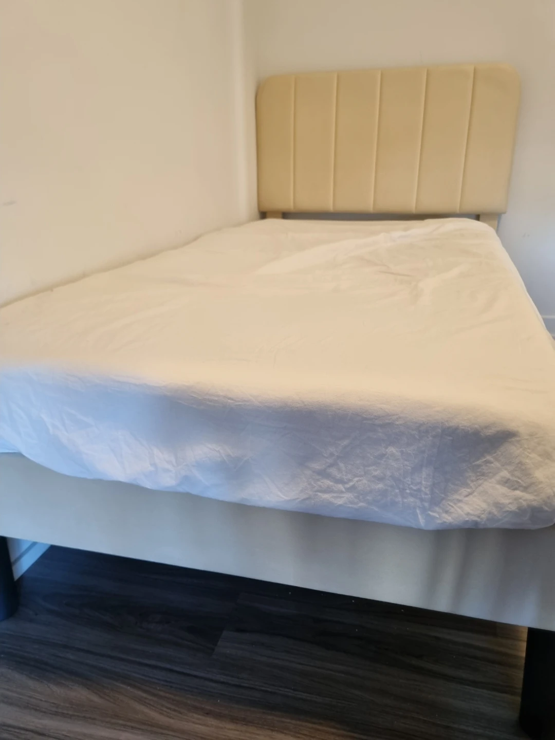 Cream Upholstered Twin Bed Frame + 2 mattress layers