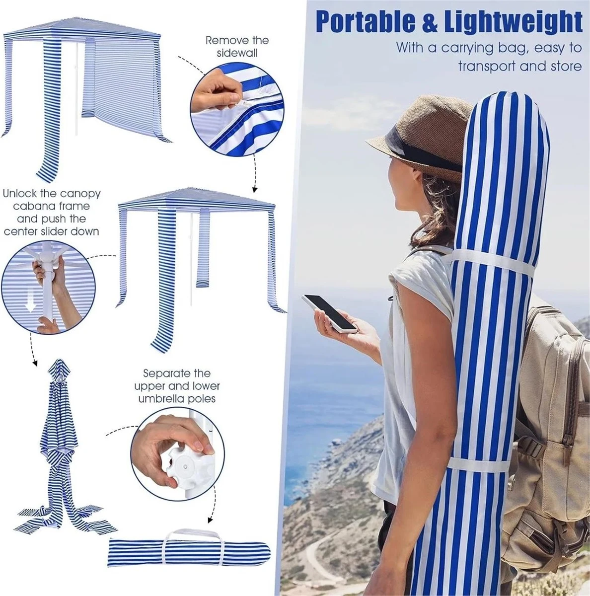 Blue and White Striped Portable Beach Canopy - photo 5