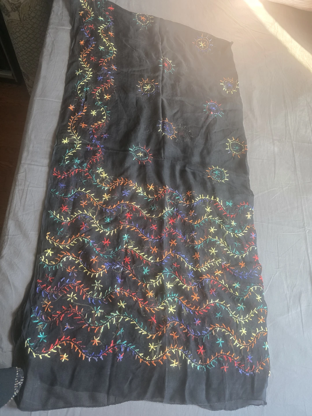 Black scarf with multicoloured embroidery