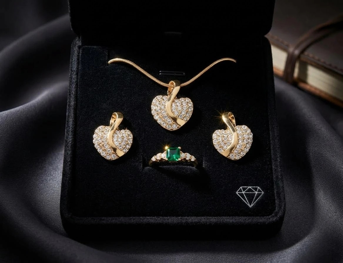 Heart Shaped Jewelry Set with Green Stone Ring