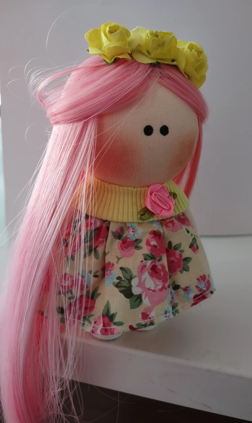 Handcrafted mini Cloth Doll with Pink Hair - photo 2