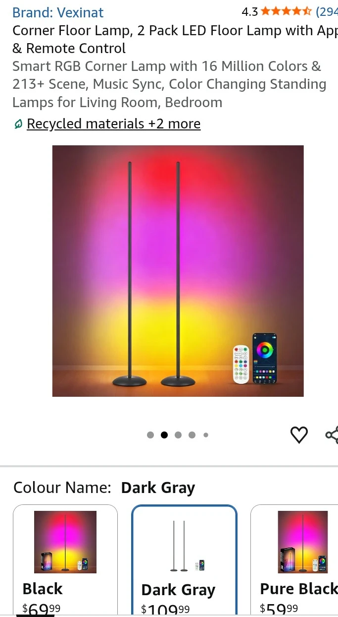 Vexinat Smart RGB LED Corner Floor Lamps - 2 Pack