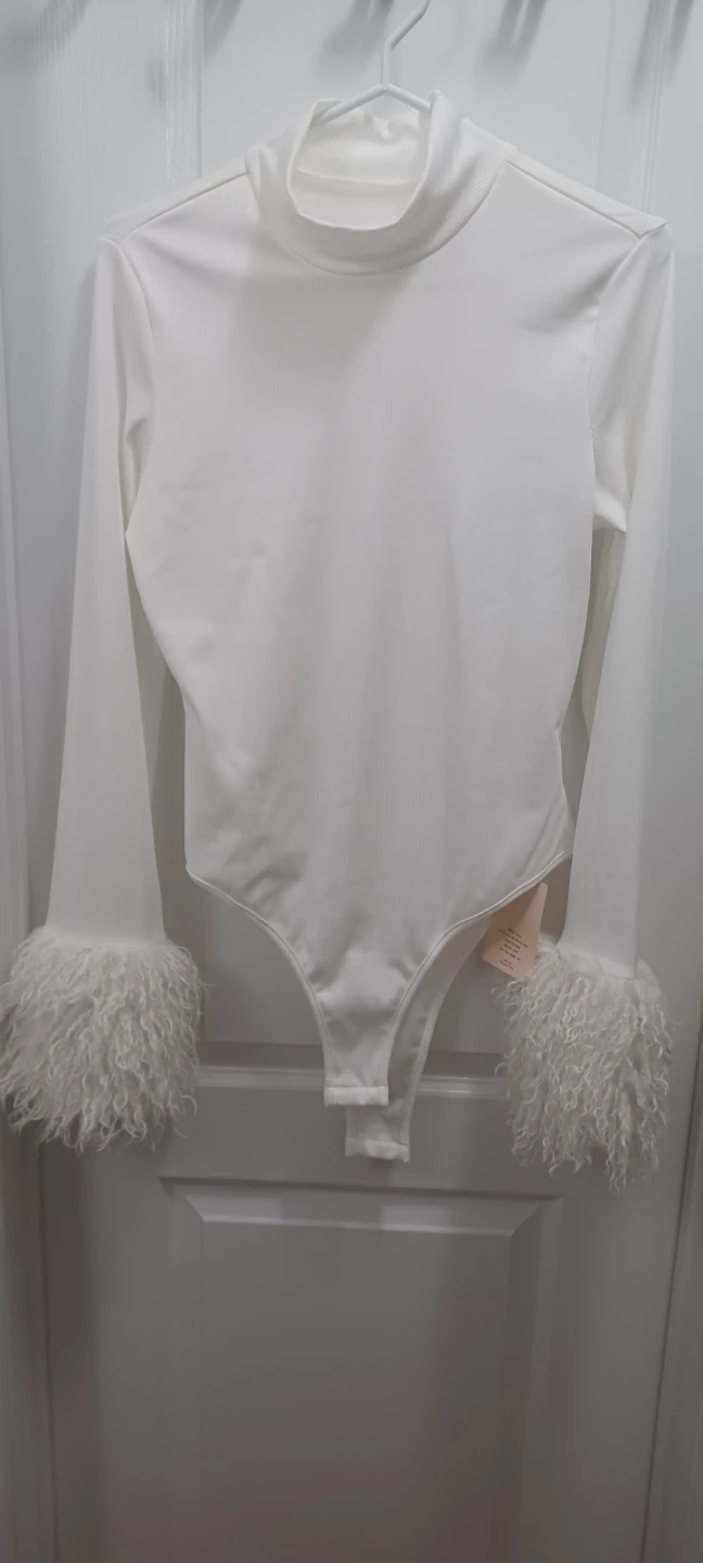White Mock Neck Bodysuit with Feather Cuffs