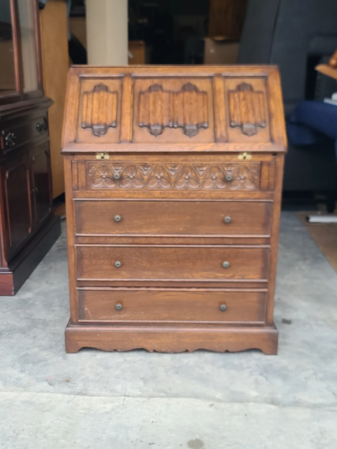 Vintage Carved Oak Secretary Desk