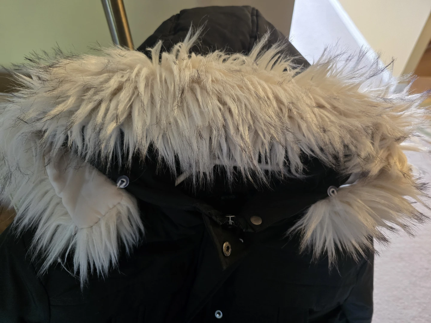 Black Hooded Winter jacket with Faux Fur Trim