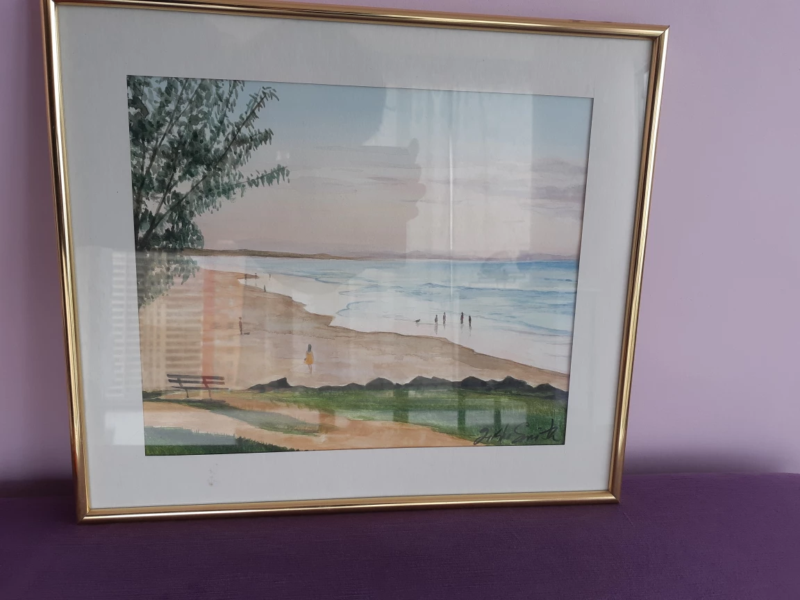 Framed Beach Scene Watercolor