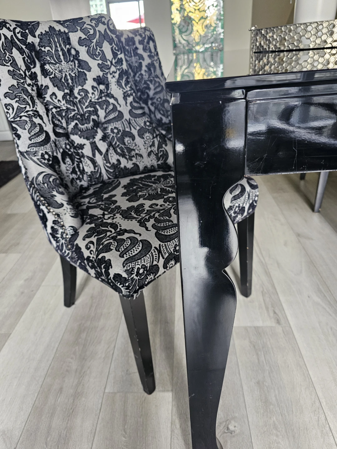 Black Dining Table with 4 Damask Pattern Chairs - photo 4
