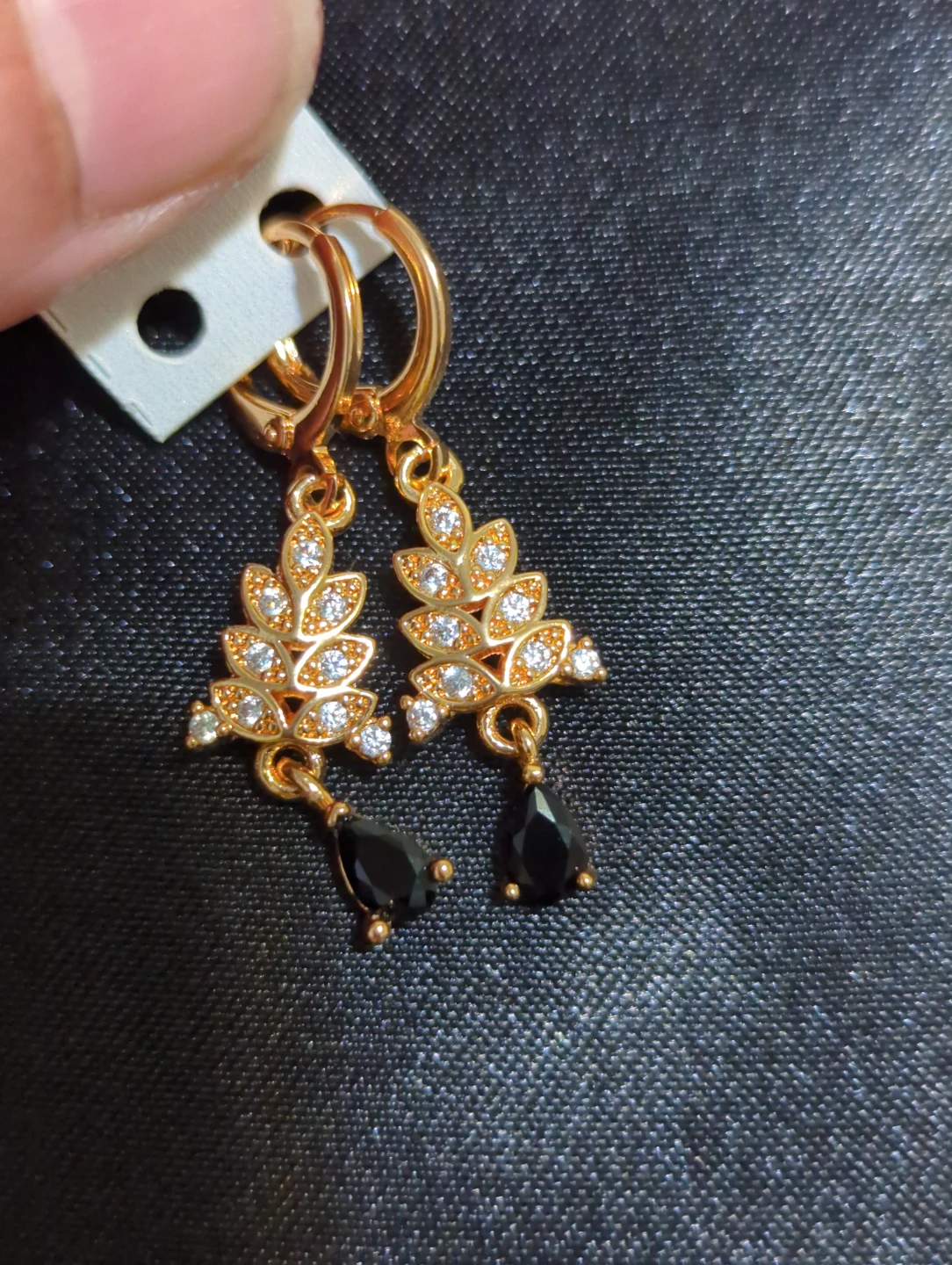 Gold-tone leaf dangle earrings with drop stones - photo 4