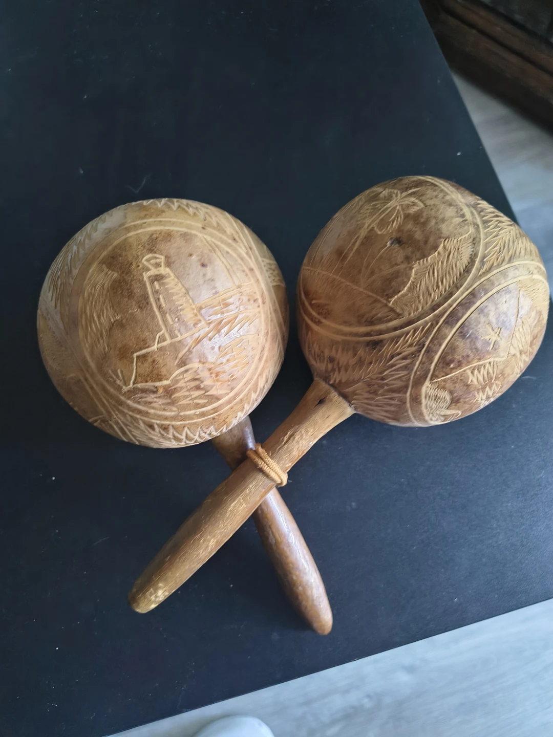 Pair of Hand-Carved Wooden Maracas