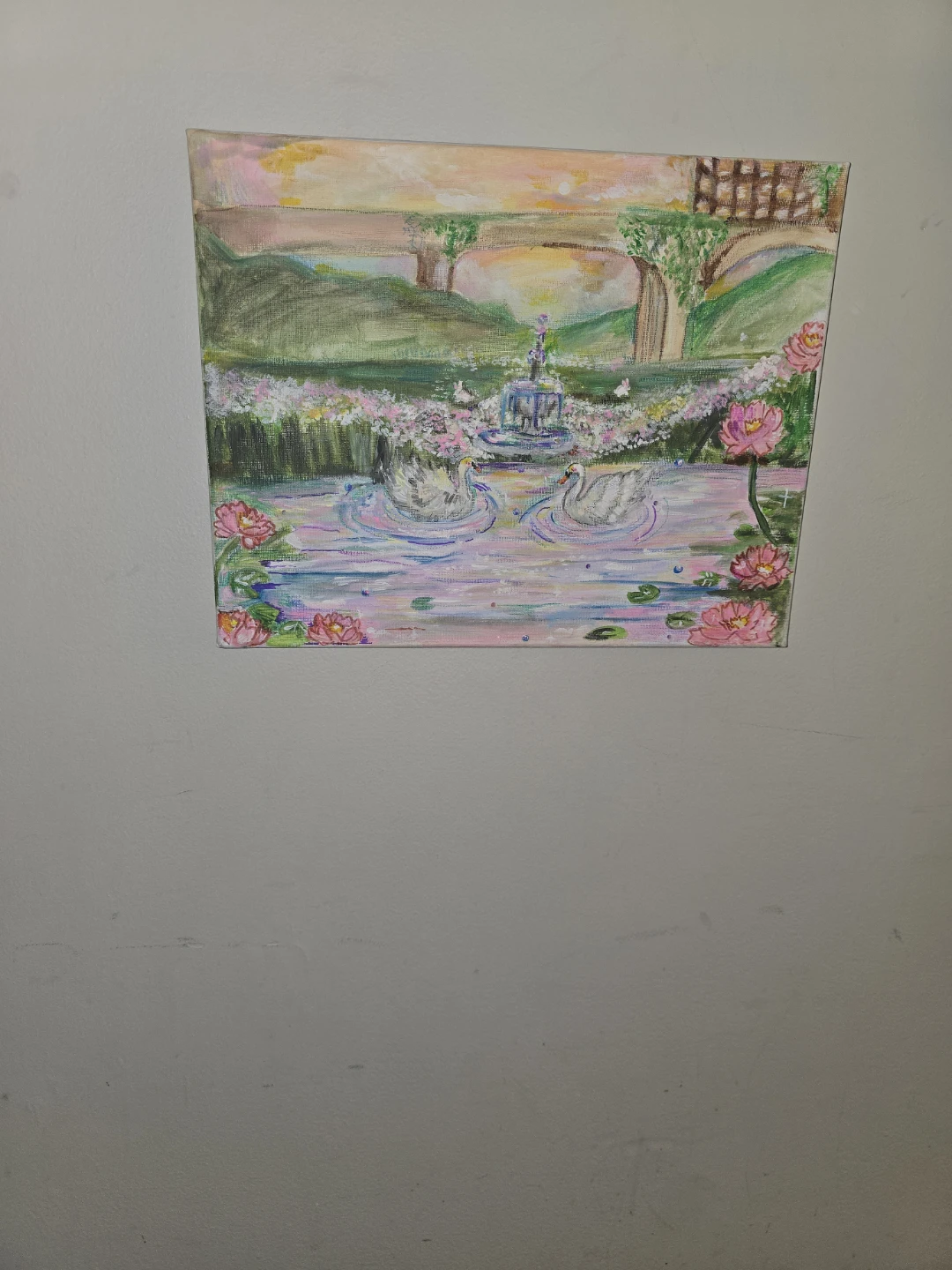 Hand-painted Canvas Art - Swan Pond Scene - photo 2