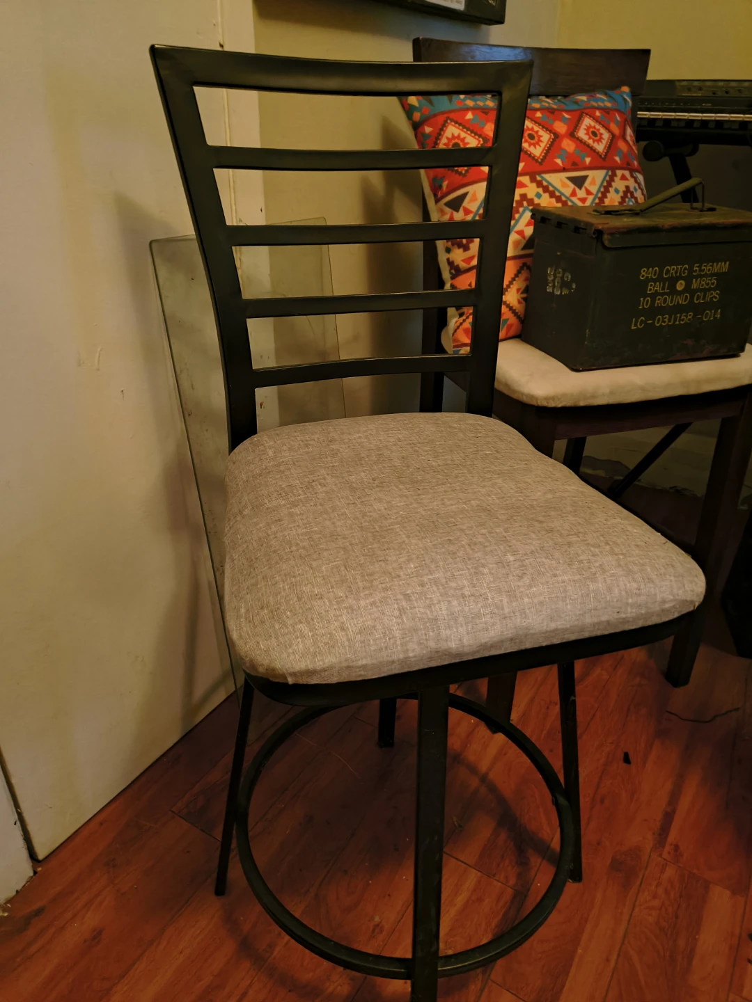 Metal Swivel Bar Stool with Grey Fabric Seat