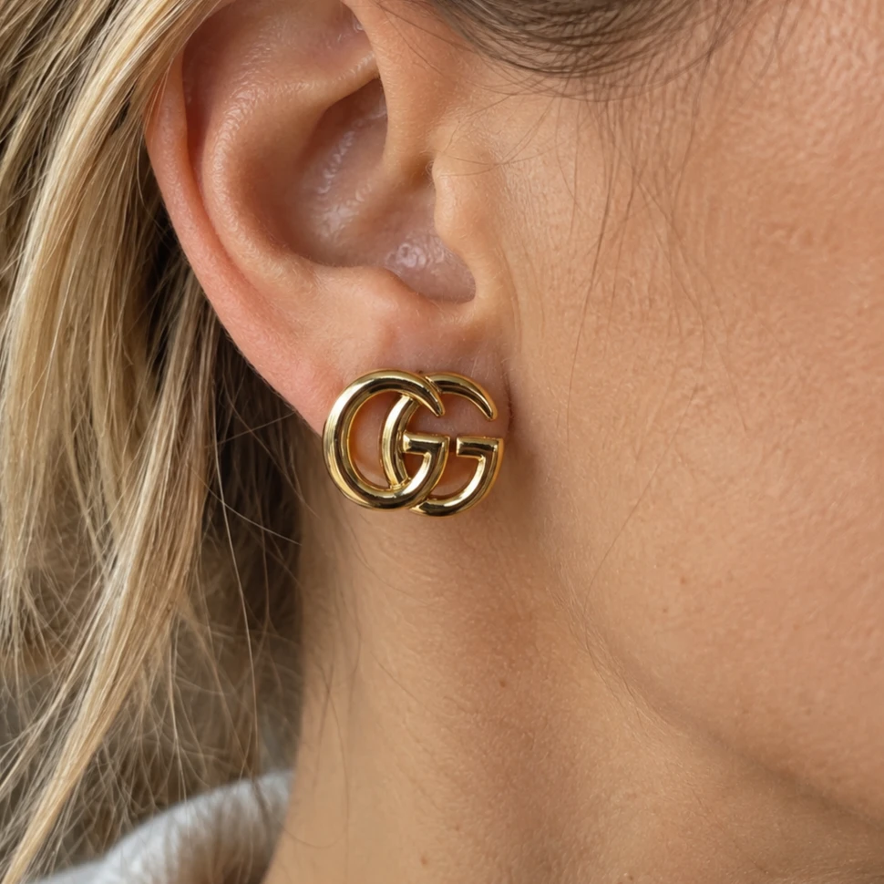 GUCCI Interlocking GG Stud Earrings Gold S925 Sterling Italy