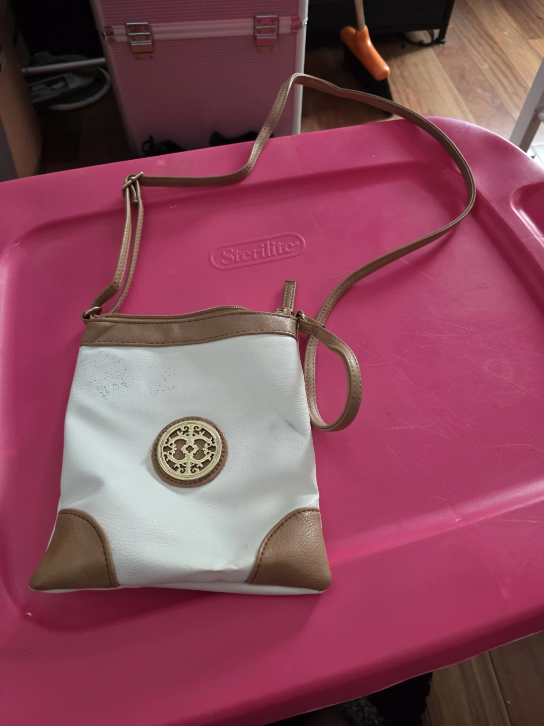 White and Tan Crossbody Bag