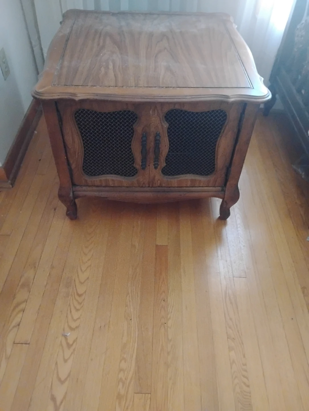 Vintage Wooden End Table with Mesh Cabinet Doors