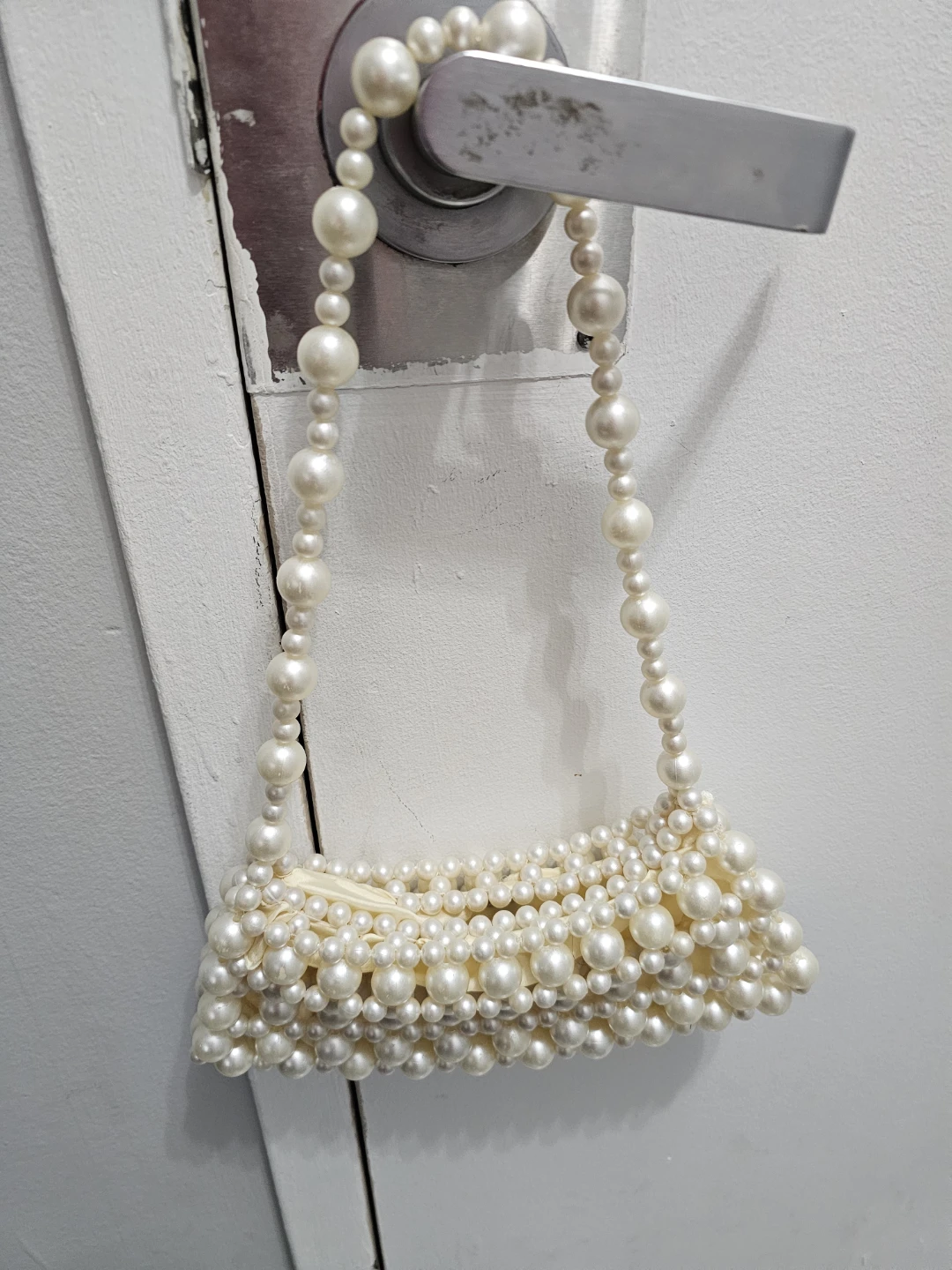 Cream Faux Pearl Beaded Handbag