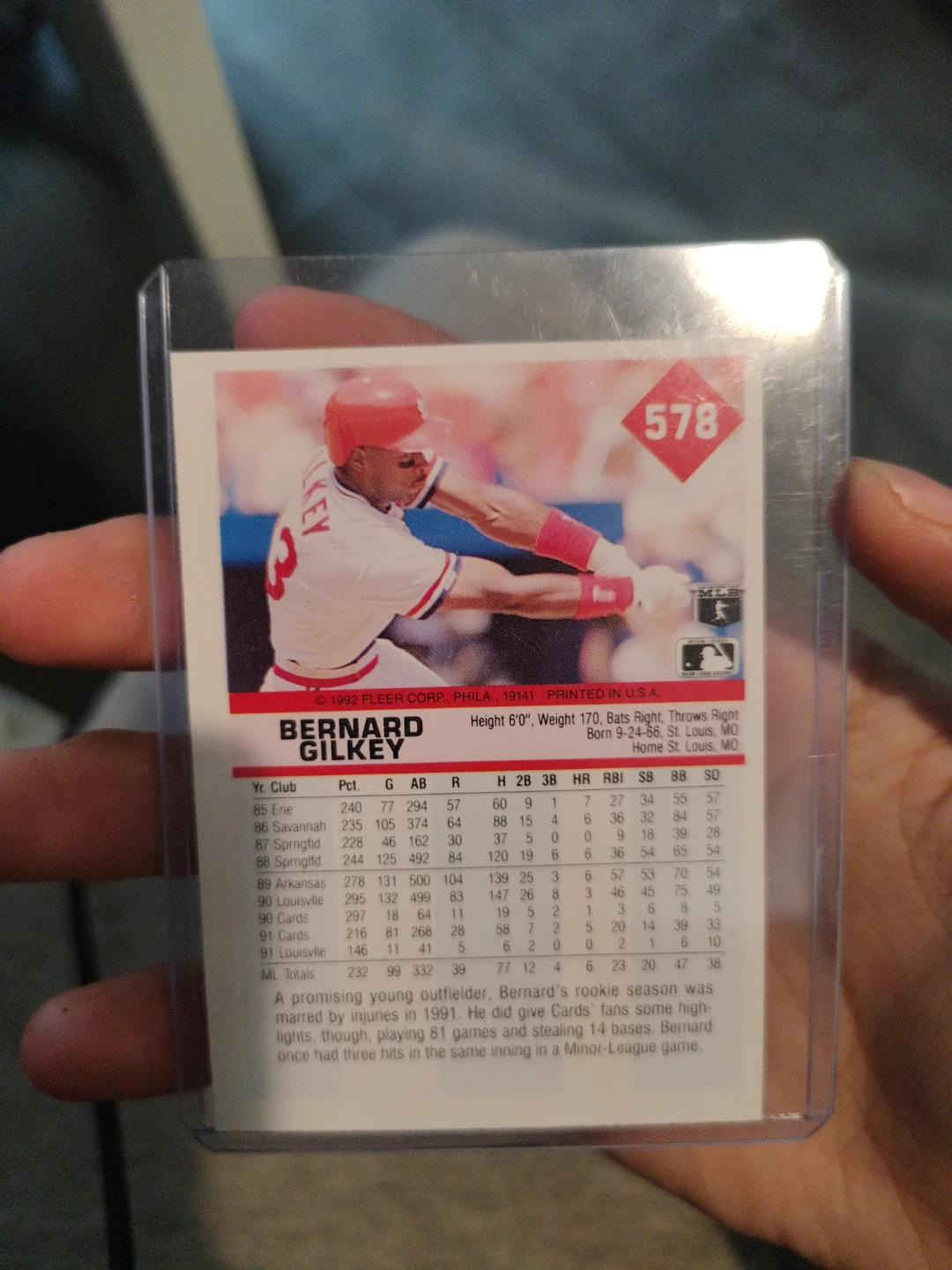 1992 Fleer Bernard Gilkey St. Louis Cardinals Baseball Card - photo 2