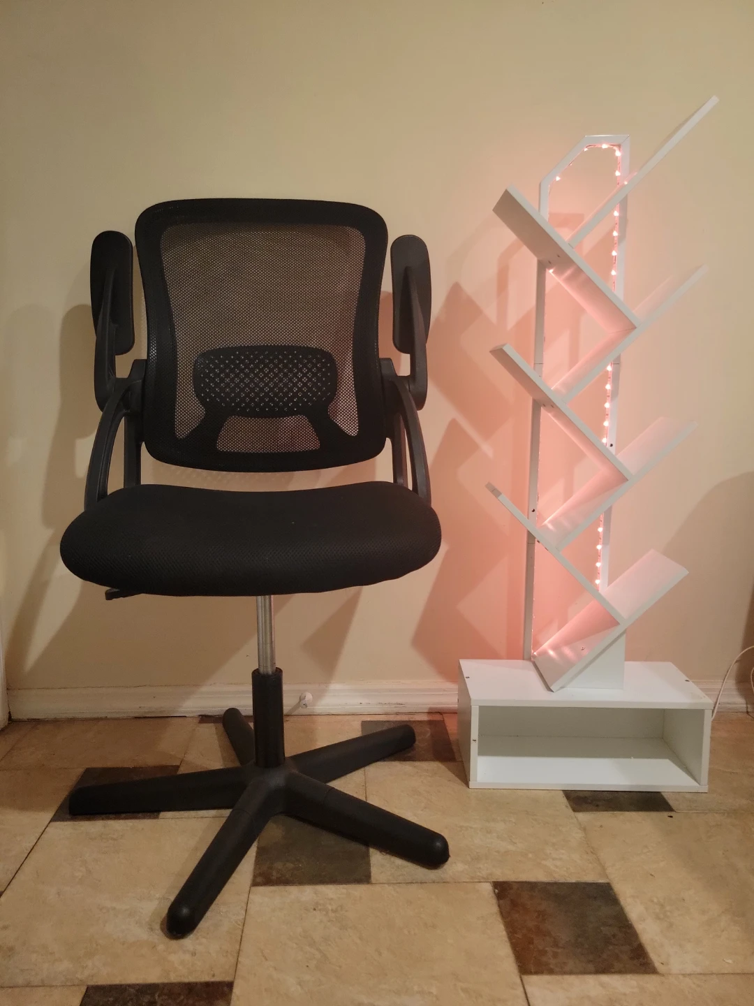 Bookshelf with LED light & Office chair with foldable armrests.