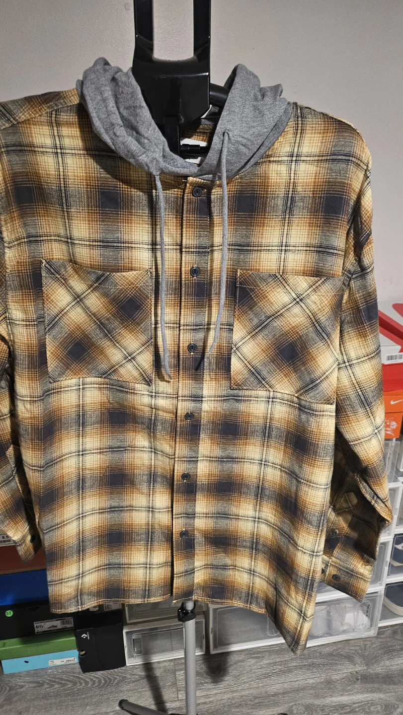 No Boundaries Hooded Flannel Shirt Gold Plaid XL - photo 2