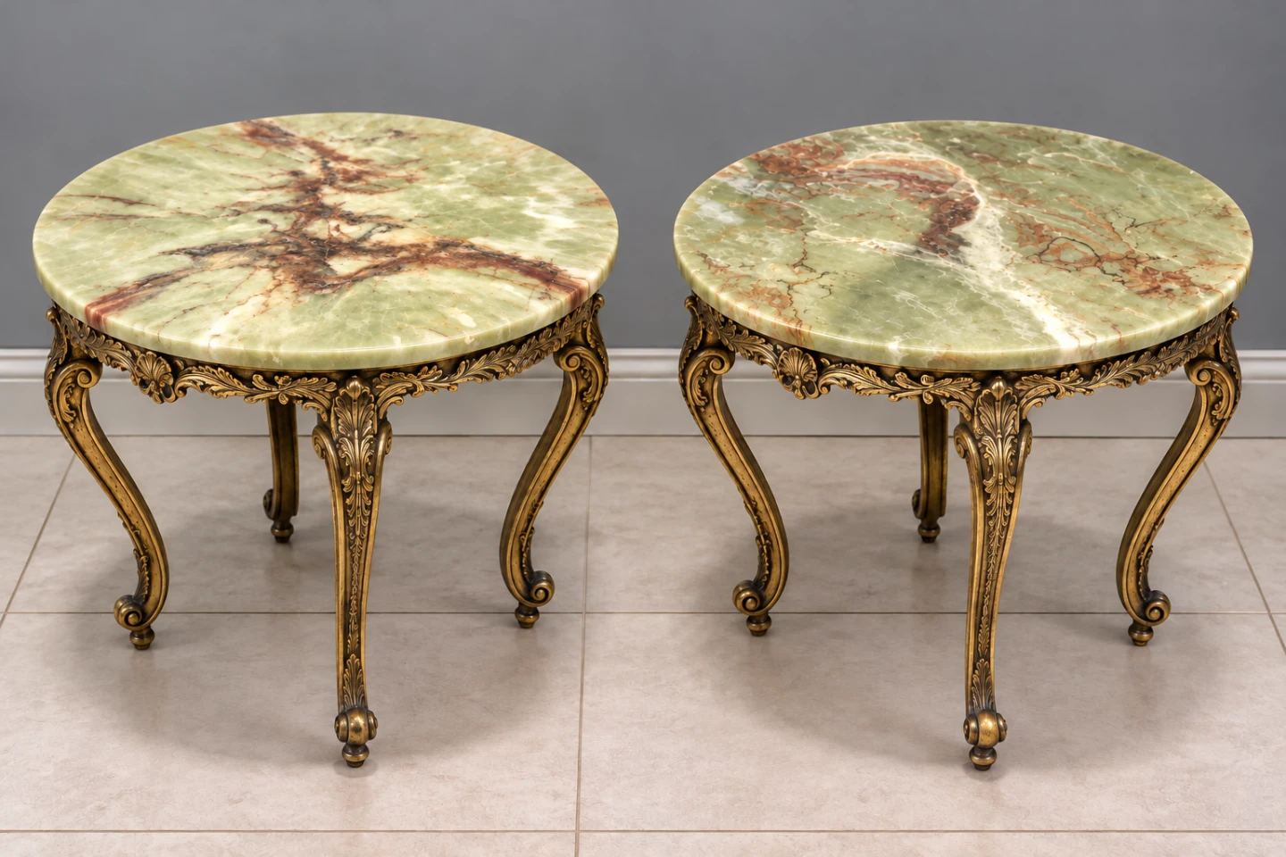 Vintage Round Green Onyx Marble Tops End Table(s)
