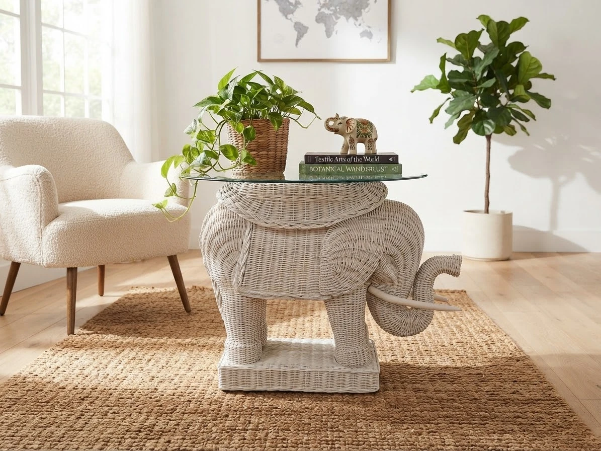 Wicker Elephant Accent Table