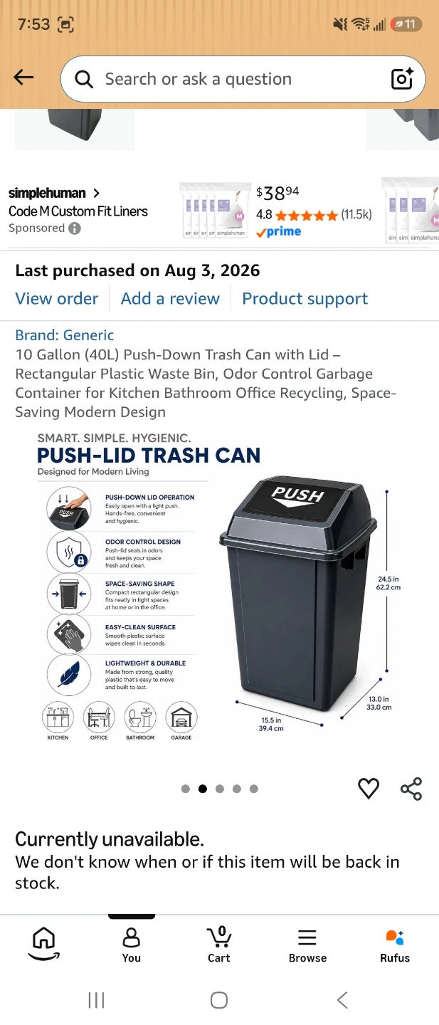 10 Gallon (40L) Push-Down Rectangular Trash Can