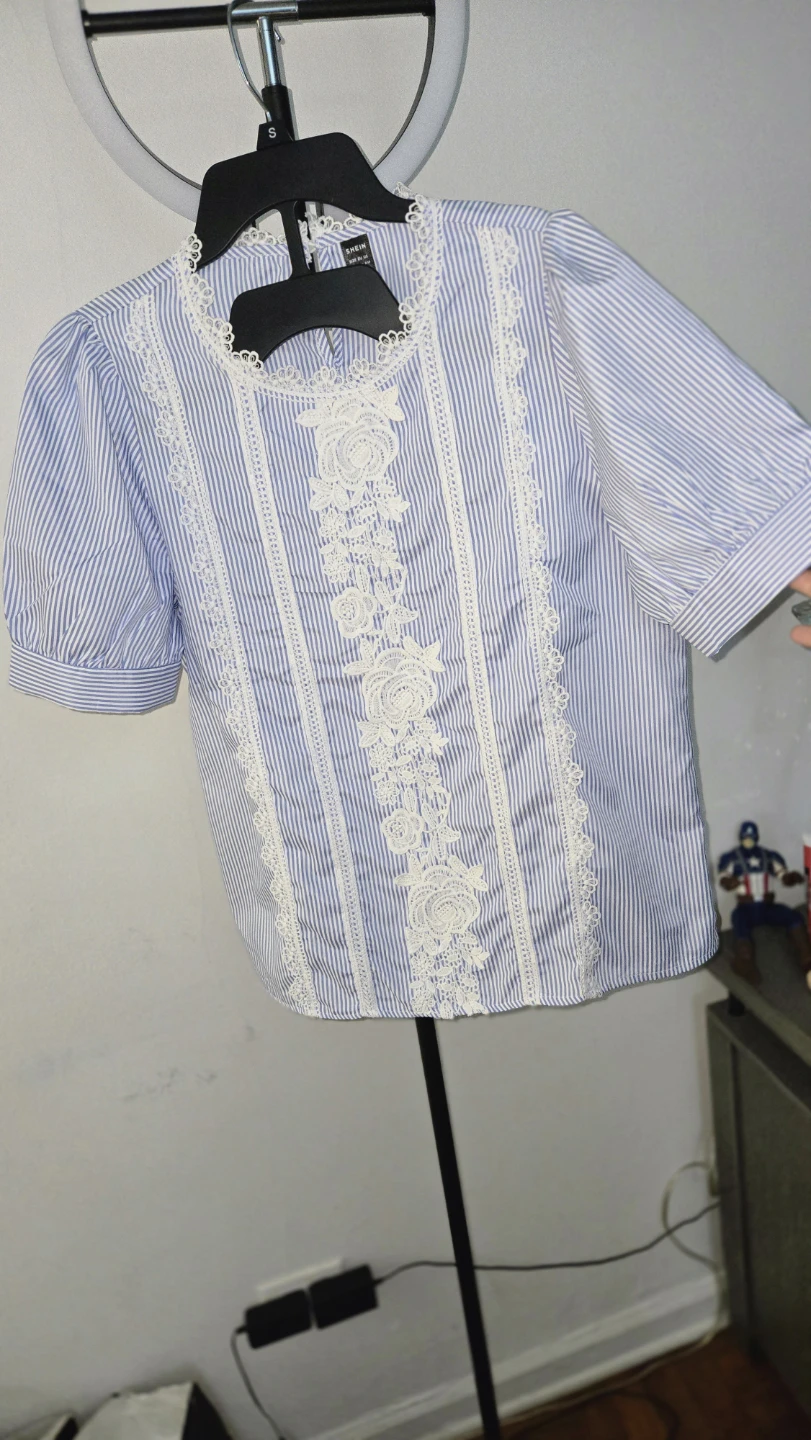 SHEIN Blue & White Striped Lace-Front Blouse - photo 3
