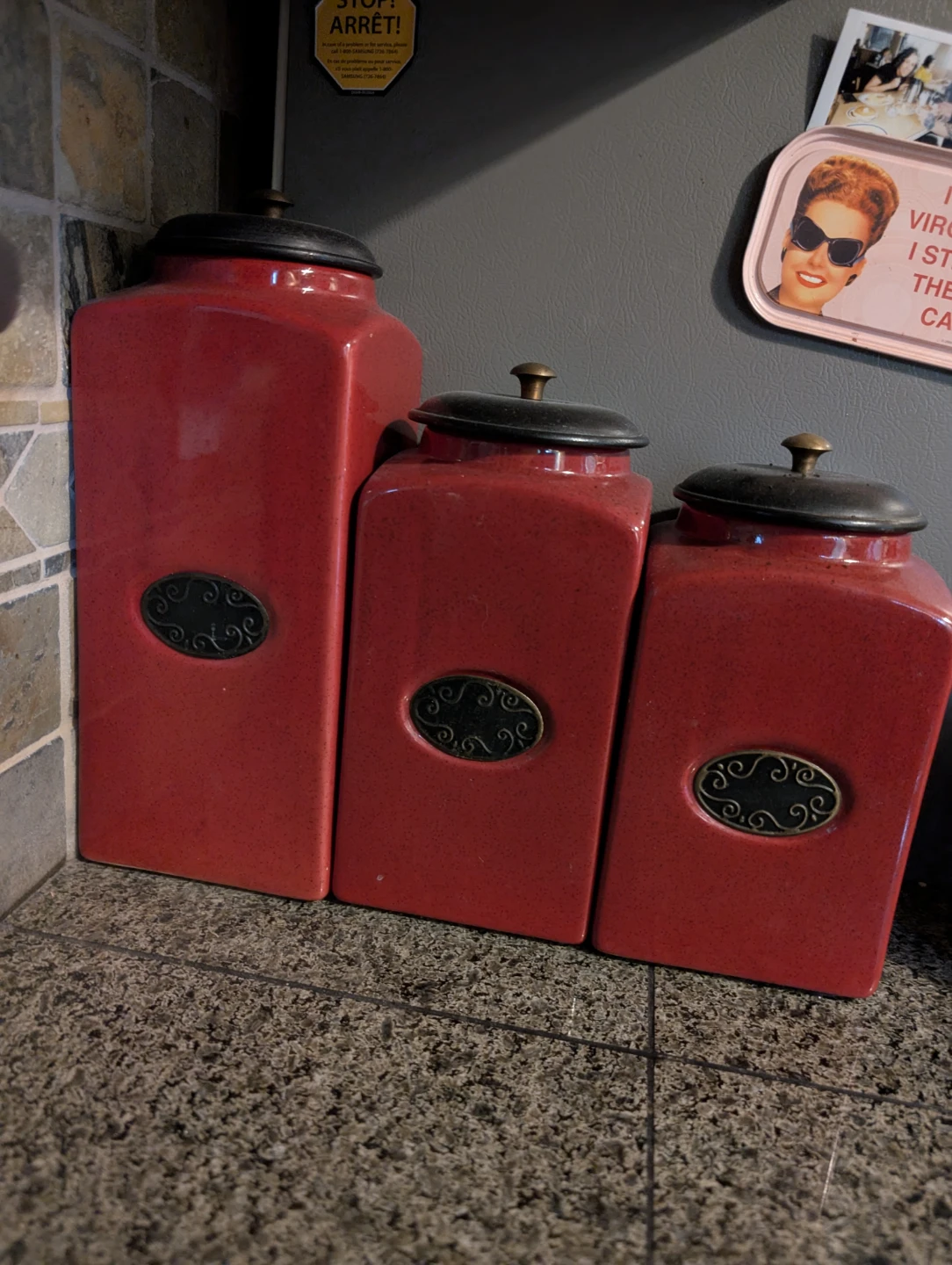 Set of 3 Red Ceramic Canisters