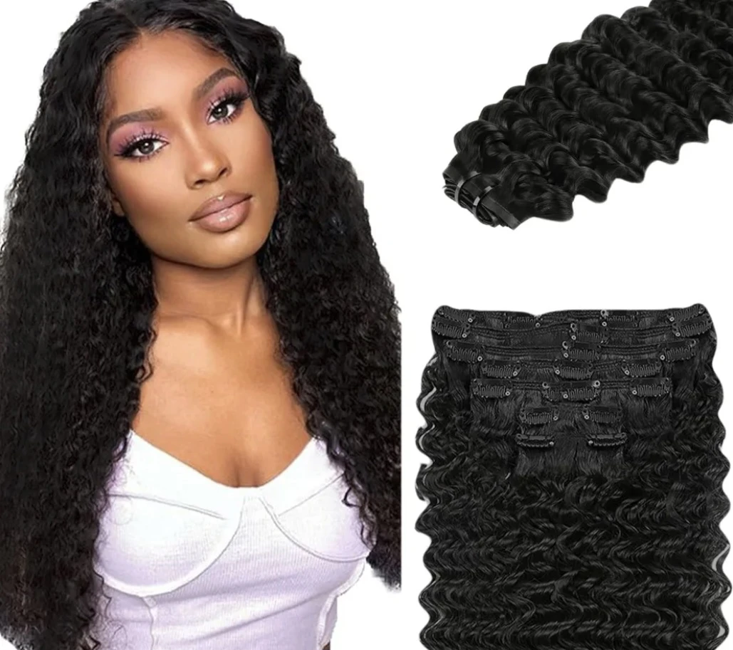 Black real human hair kinky / curly clip in extensions 30 inch - photo 2