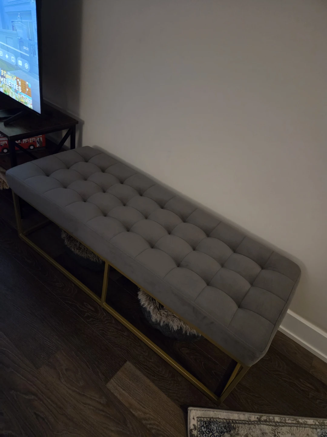 Grey Velvet Upholstered Bench with Gold Metal Base - photo 3