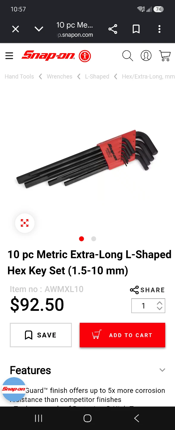 Snap-on AWMXL10 Metric Extra-Long Hex Key Set - photo 2