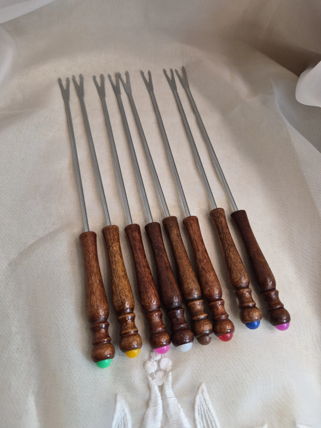 Set of 8 MCM Stainless Steel & Wooden Fondue Forks - Brand New