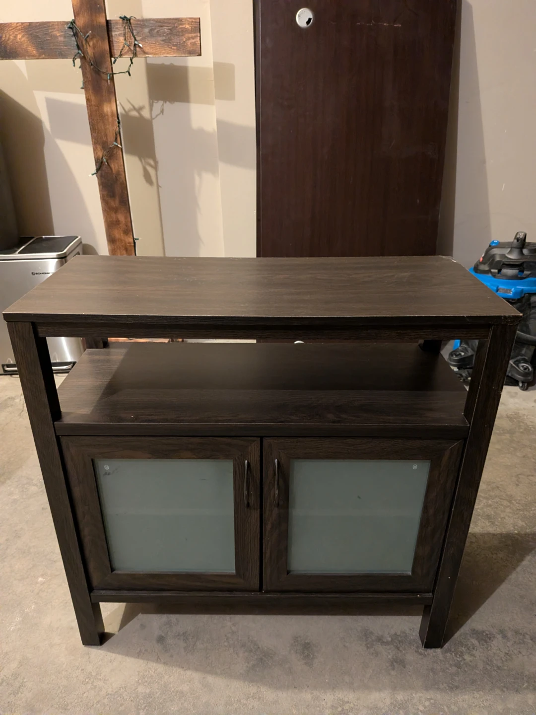 Dark Wood Media Console with Frosted Glass Doors