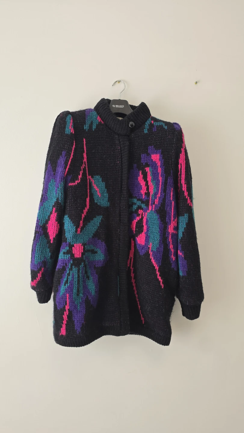 1980s Vintage Floral Knit Cardigan - Black, Pink and Teal