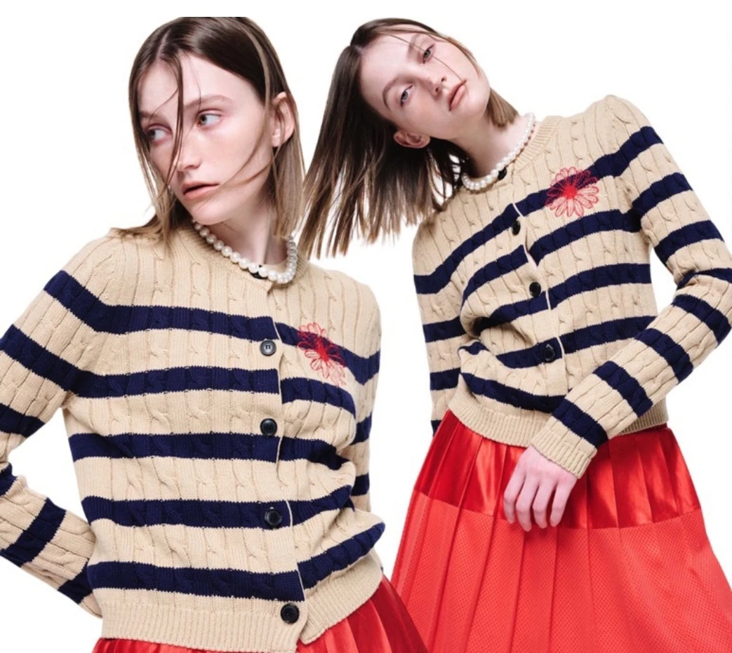 Mardi Mercredi Cotton Cardigan Round Neck Stripe
