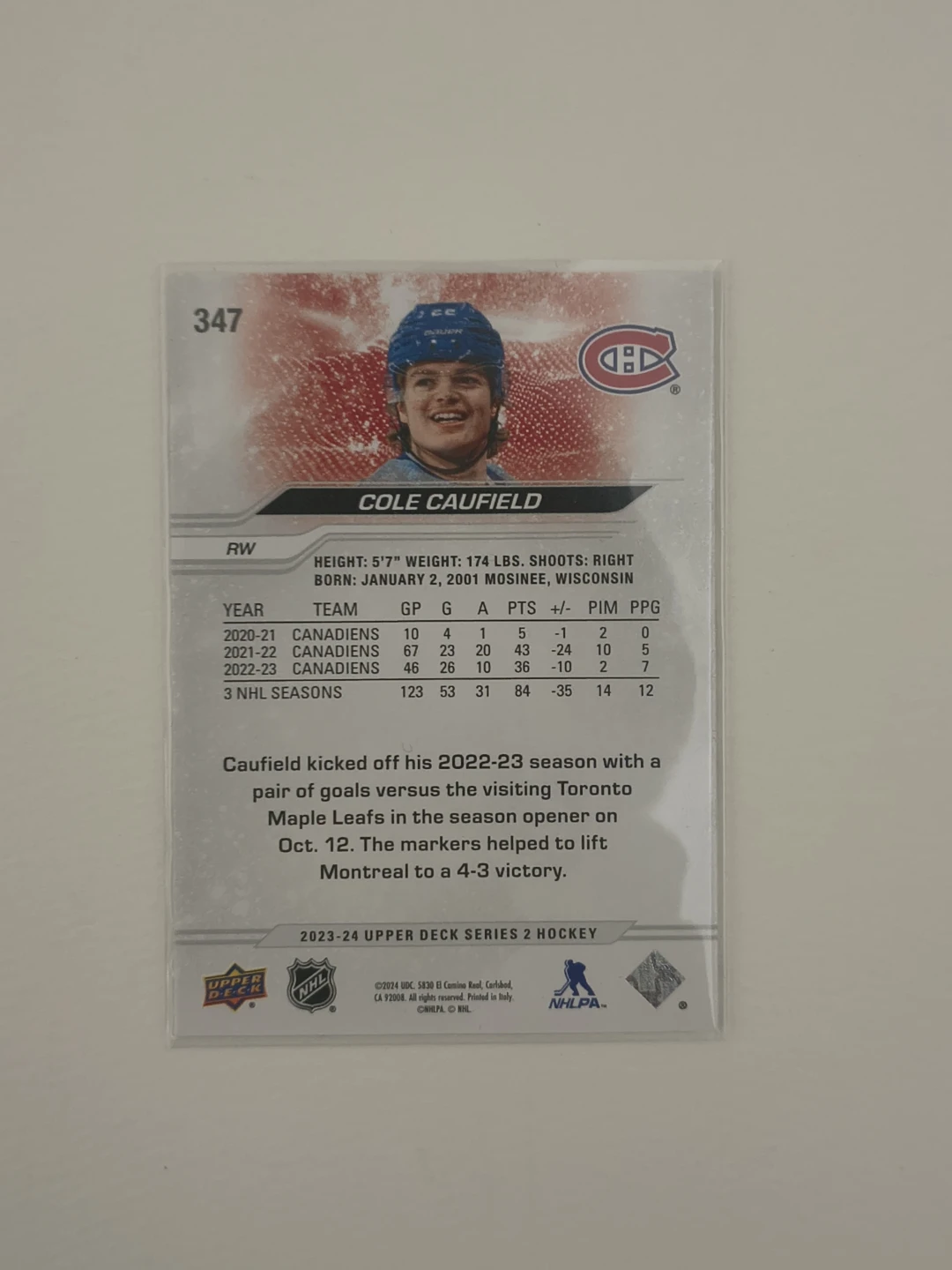 2023-24 Upper Deck #347 Cole Caufield Montreal Canadiens - photo 2