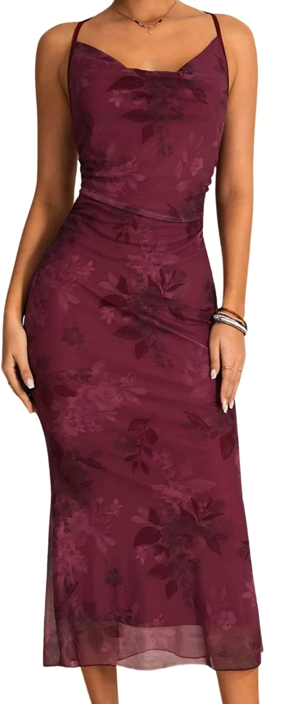 New Burgundy Floral Mesh Midi Dress