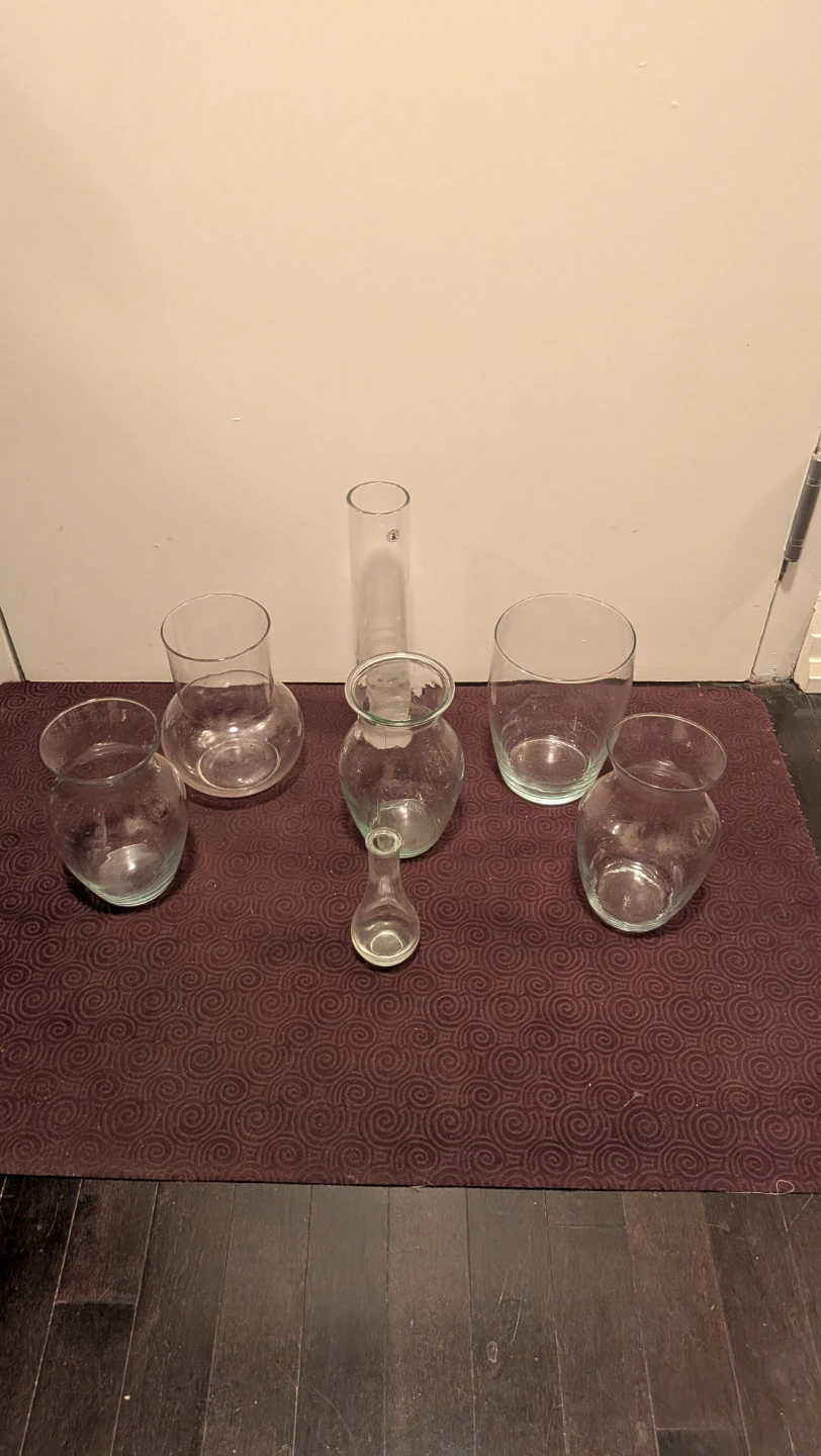 Set of 7 Clear Glass Vases